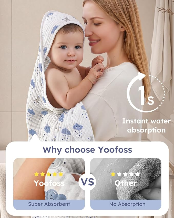 Yoofoss Hooded Baby Bath Towels 2 Pack 100% Muslin Organic Cotton - Image 2