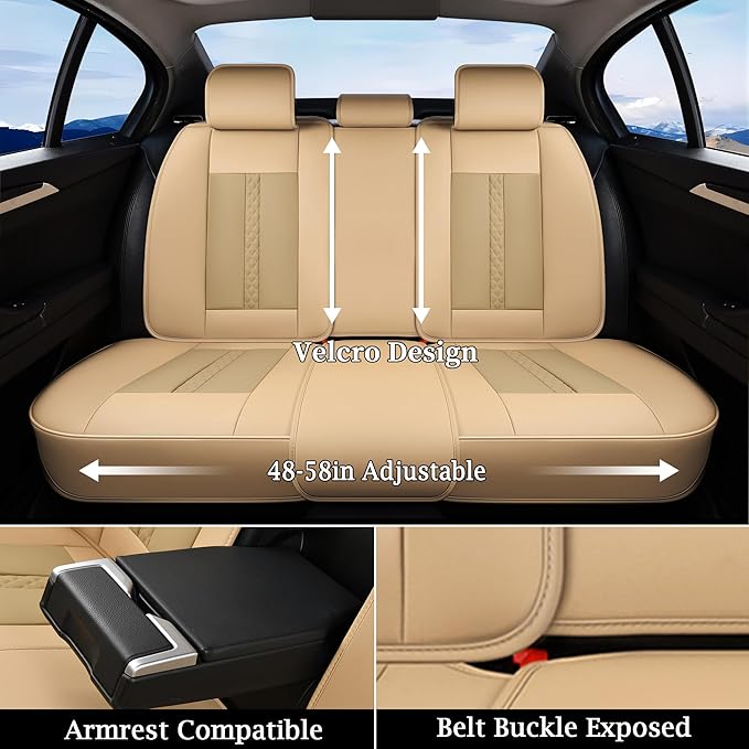 Doogo Car Seat Covers Full Set, Leather Seat Covers 5 Seats, Waterproof Car Seat Cushions, Auto Front and Rear Seat Protectors Automotive Covers Fit for Most Cars-Beige