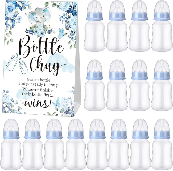 TrelaCo Bottle Chug Baby Shower Game Sign 20 Pcs Baby Bottles Shower Favor Plastic Greenery Flowers Bear Elephant Butterfly Gift Set for Gender Reveal Party(Cute Elephant,Blue)