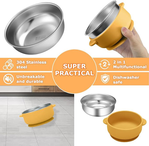 2 Pack Stainless Steel Baby Bowls with Removable Non-Slip Silicone Suction Shell and Lids, Anti Scald Food Container for Baby Food Feeding-Skyblue & Yellow