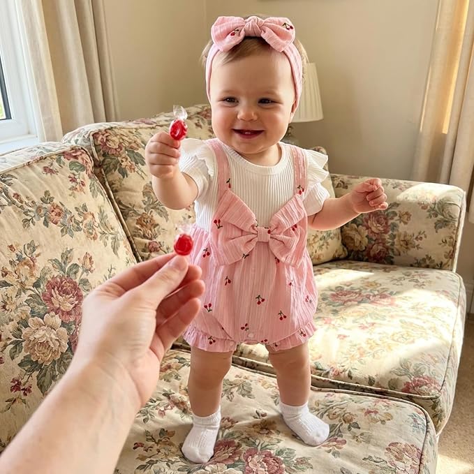 YINGISFITM Newborn Baby Girl Summer Clothes Short Sleeve Bubble Romper Bow - Image 4