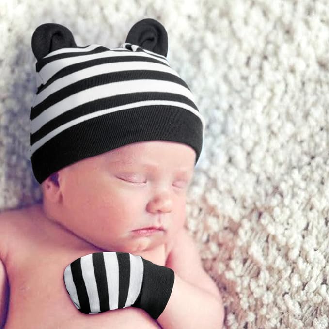 BQUBO Newborn Baby Bear Ears Hats and Mittens Sets Preemie Cotton Caps Baby Boy - Image 3