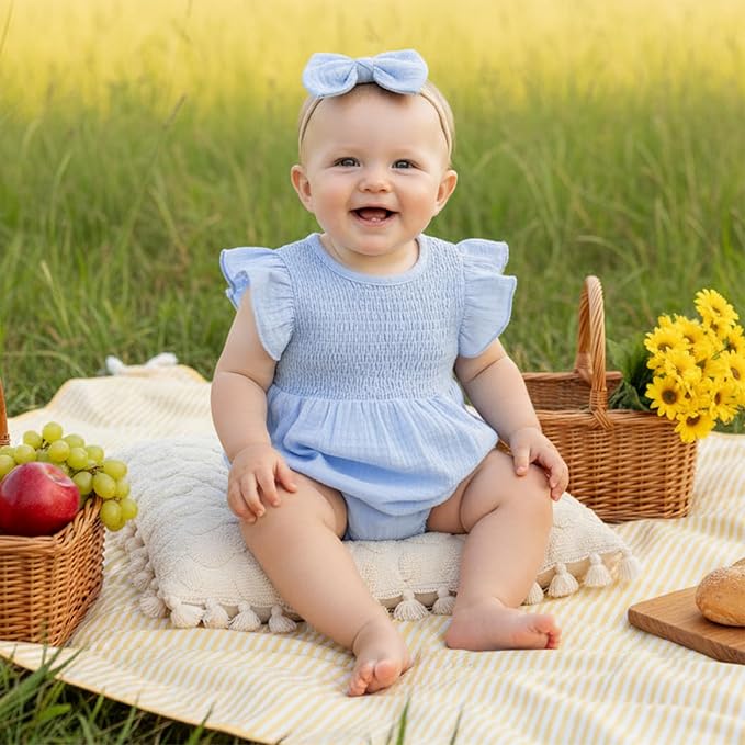 Kavousa Newborn Baby Girl Clothes Summer Bubble Romper Headband Outfit - Image 2
