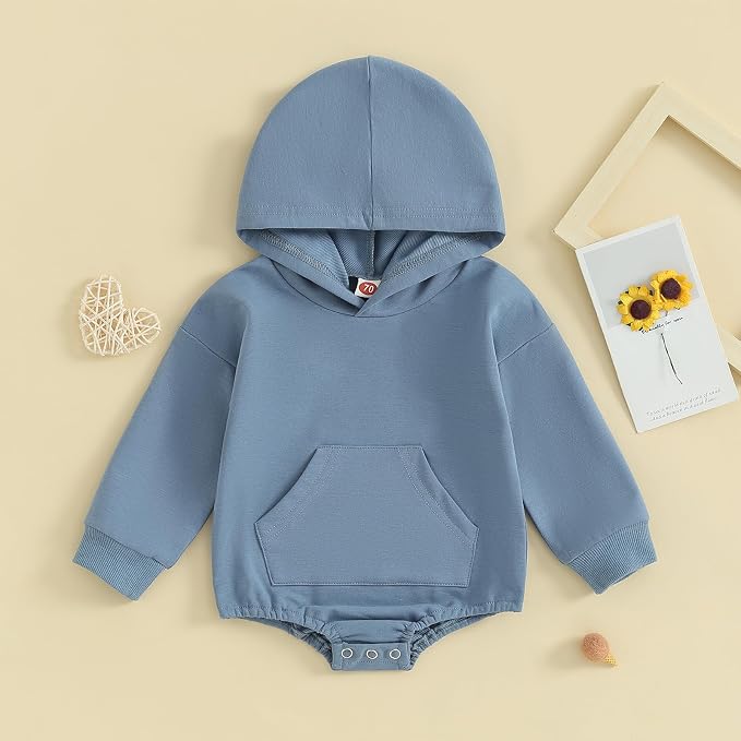 Baby Girl Boy Hooded Sweatshirt Long Sleeve Solid Color Romper Infant Baby Fall - Image 2
