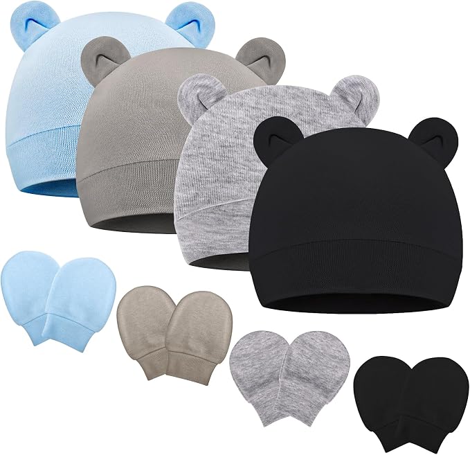 Newborn Baby Hats and Mittens Set Bear Ear Baby Beanie No Scratch Cotton Infant by Unknown