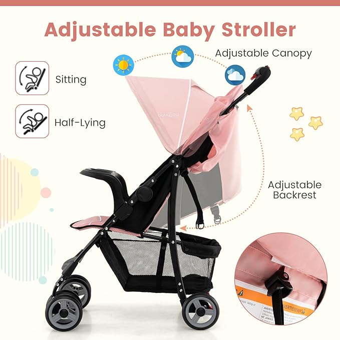 Baby Joy Lightweight Stroller, Compact Toddler Travel Stroller for Airplane, Infant Stroller w/Adjustable Backrest/Footrest/Canopy, 5-Point Harness, Storage Basket, Easy One-Hand Fold (Pink)