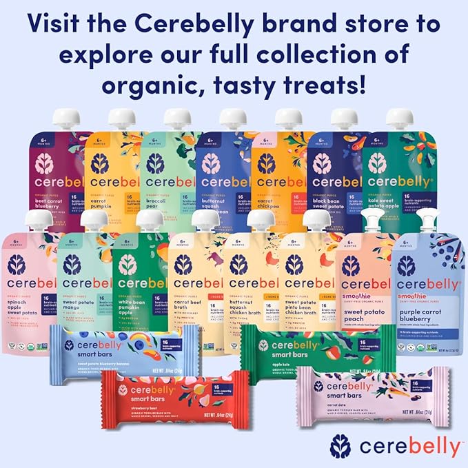 Cerebelly Organic Baby Food Pouches, Carrot Pumpkin Purees, 16 Nutrients, No Added Sugar, Fiber & Non-GMO, 4oz, 12 Pack