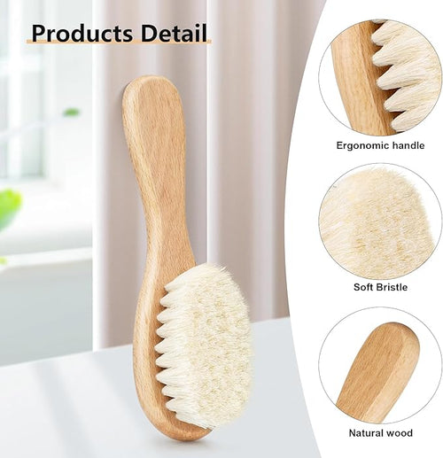 3PCS Baby Hair Brush with Wooden Handle and Comb Set for Newborns & Toddlers | Natural Soft Goat Bristles l Wood Comb l Pink Silicone Brush| Ideal for Cradle Cap