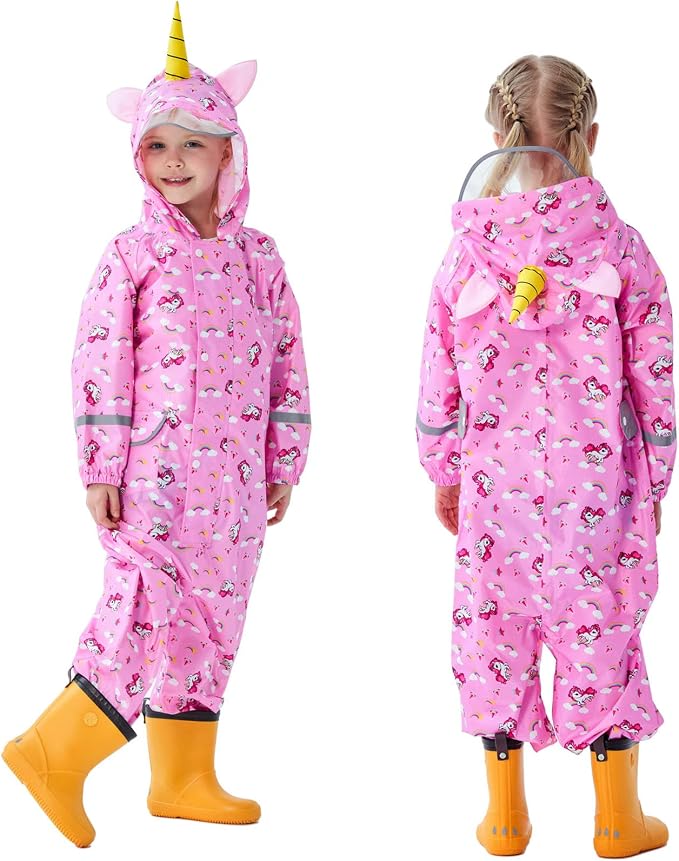 Fewlby Kids Toddler Rain Suit for Boys Girls One Piece Hoodie Zipper Cartoon - Image 2
