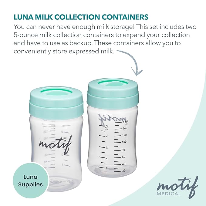 Motif Medical Breast Milk Storage Bottles for Luna Breast Pump - Durable Plastic Breastfeeding Essentials w/Locking Rings, Lids & Nipple Caps - Breast Milk Container (Set of 2, 160 ml)