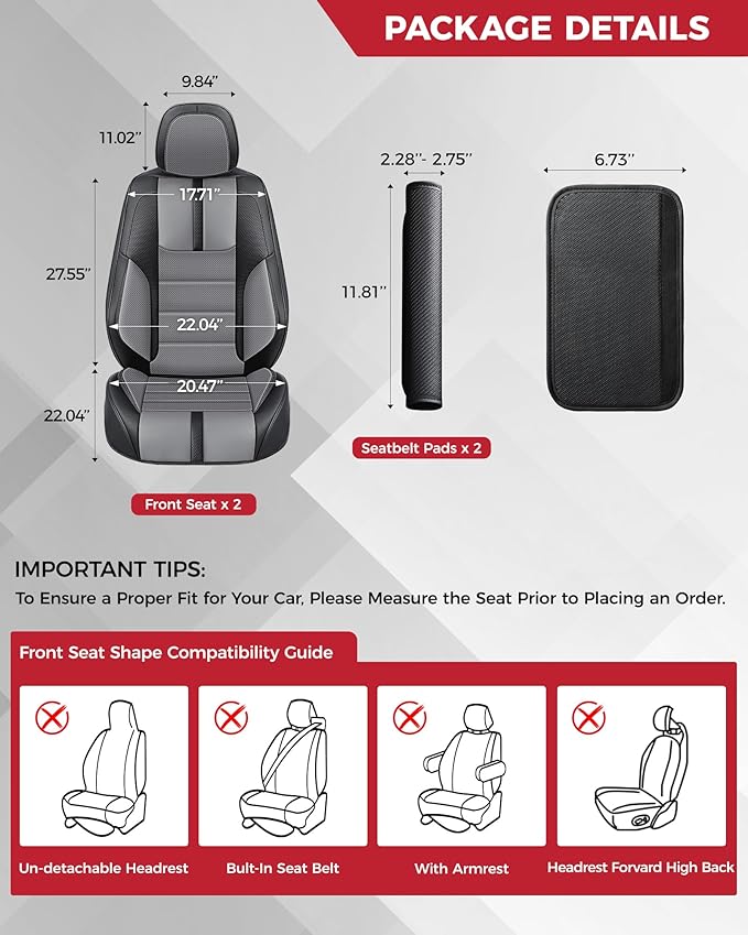 FREESOO Black Gray Front Car Seat Covers - Faux Nappa Leather Seat Covers for Cars, with Carbon Fiber Texture Seatbelt Pads, Luxury Protector Accessories Fit for Most Vehicles Sedans SUV Trucks RAV4