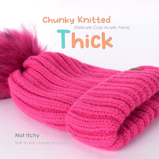 FURTALK Kids Winter Hat Toddler Knitted Beanie with Faux Fur Pom Poms for Baby Girls Boys
