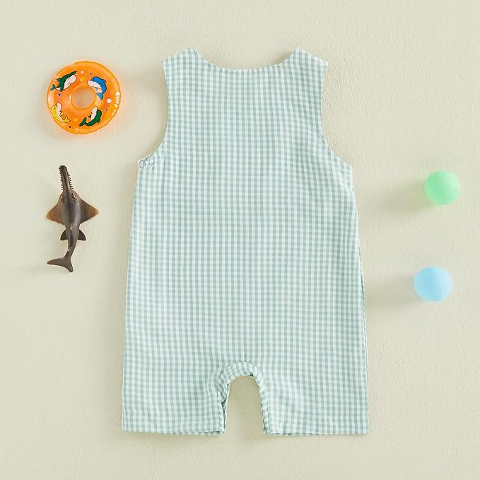 Newborn Baby Boys Sleeveless Seersucker Romper One Piece Straps Overalls - Image 3