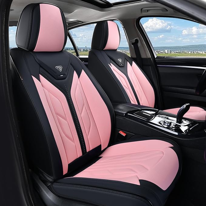 Coverado Car Seat Covers Full Set, Car Seat Protectors Leather Seat Covers for Cars, Automotive Seat Covers Car Accessories Universal Fit for Most Sedans SUV Pick-up Truck(Black&Pink)