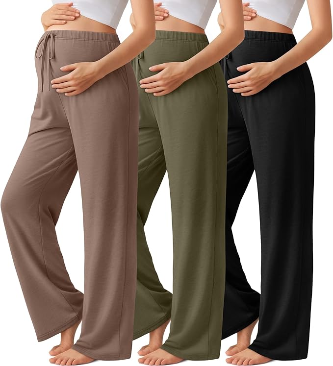 3 Pack Maternity Pants for Women Over The Belly Lounge Work Pregnancy Pants Drawing Wide Leg Trousers with Pockets