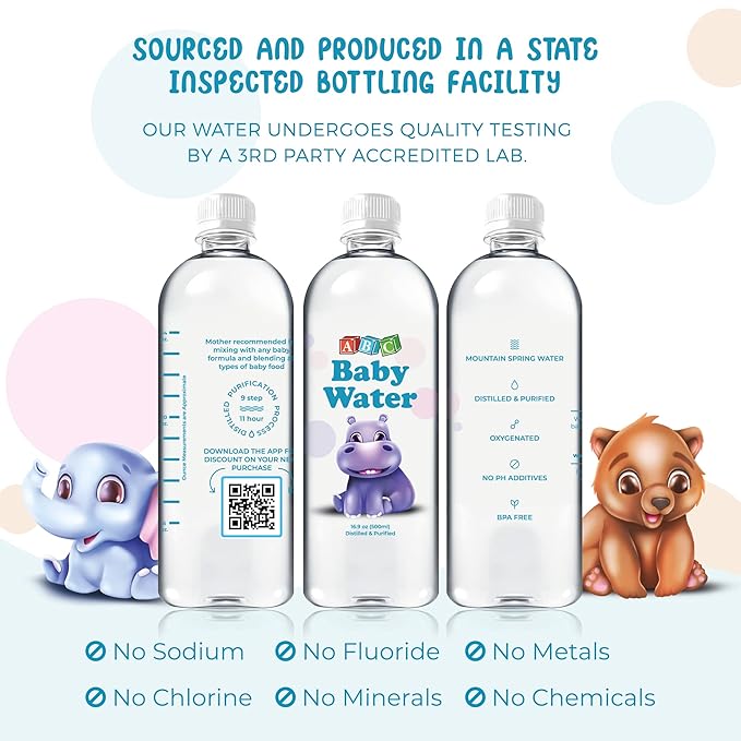 ABC Baby Water Premium Distilled Water for Babies - Healthy Purified 16.9 oz Bottles - Formula, Cereal, Milk, Daily Drinking - 24 Pack