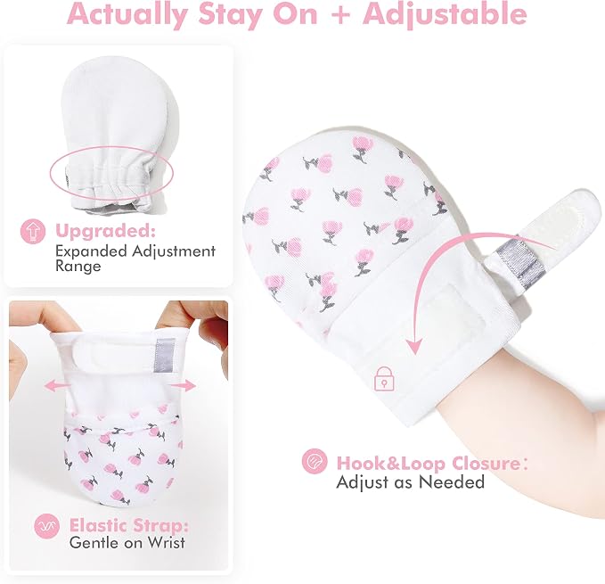 Baby Newborn No Scratch Mittens Stay On, 100% Cotton Adjustable 0-12M | Soft - Image 3