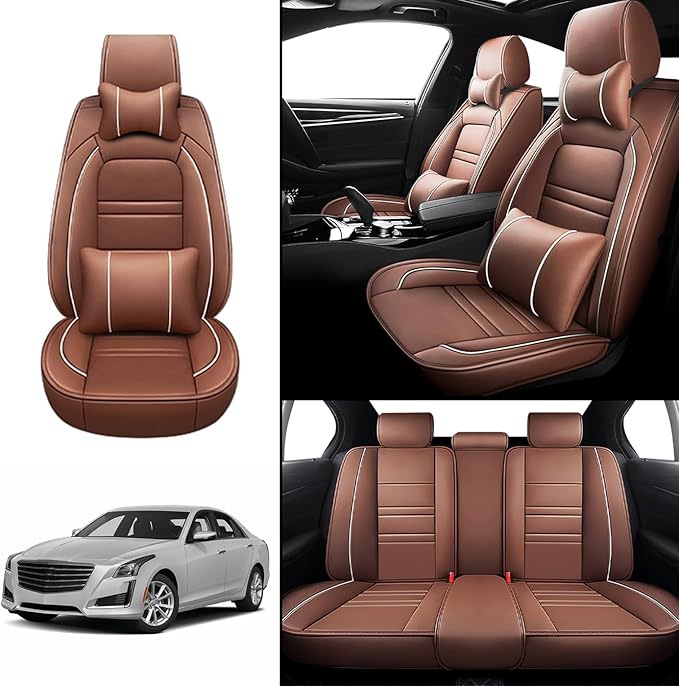 Car Seat Covers for Cadillac cts 2003-2019 | 5-Seats Seat Covers, Waterproof Seat Protectors, Automotive Seat Covers (Full Set with Pillow,Coffee)