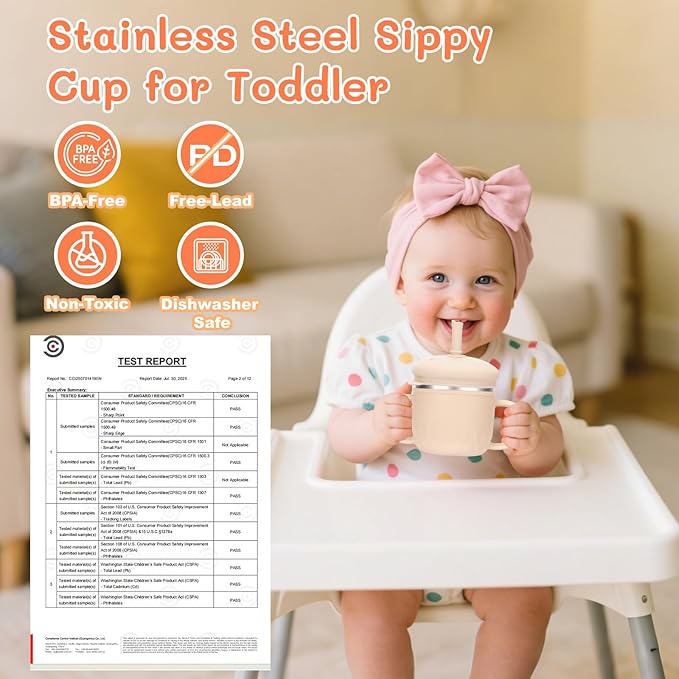 BUSOHA Stainless Steel Sippy Cups - 3 IN 1 Silicone Sippy Cup for Toddlers Baby Straw Cup with Brush Kids Cups with Lid and Silicon Straw Anti-Drop Spill Proof Cups for Travel,8 oz, Beige