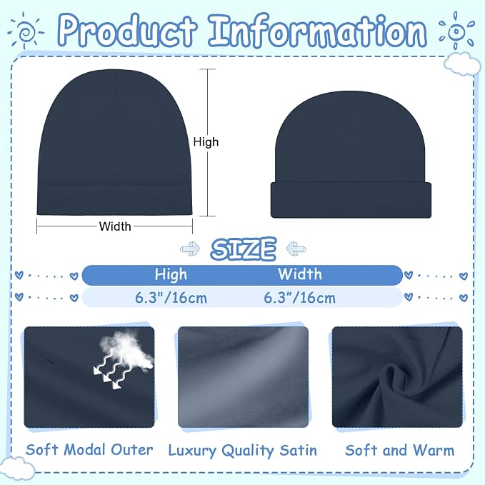 6 Pack Satin Lined Baby Beanie Newborn - Image 3