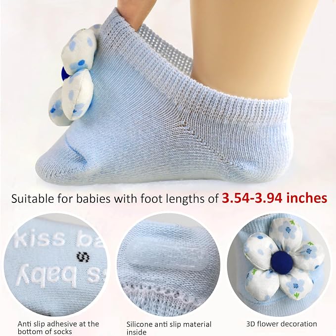 4Packs Baby Girls Socks, Flower Non-Slip Grips - Image 5