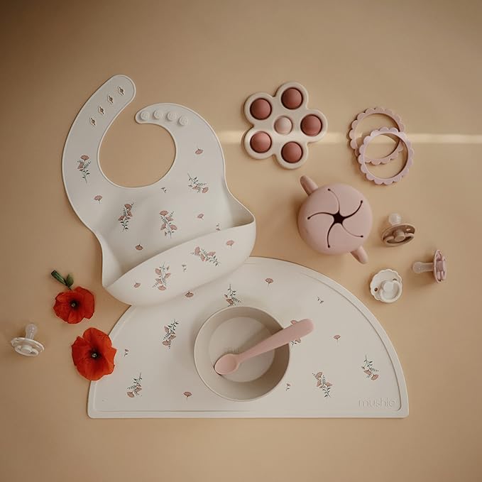 mushie Silicone Placemat for Kids | BPA-Free Non-Slip Design (Pink Flowers)