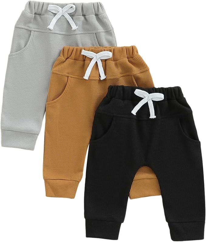 Sejardin Toddler Baby Boy Girl Pants 3 Pack Solid Color Elastic Waist Jogger Sweatpants Newborn Infant Casual Bottoms
