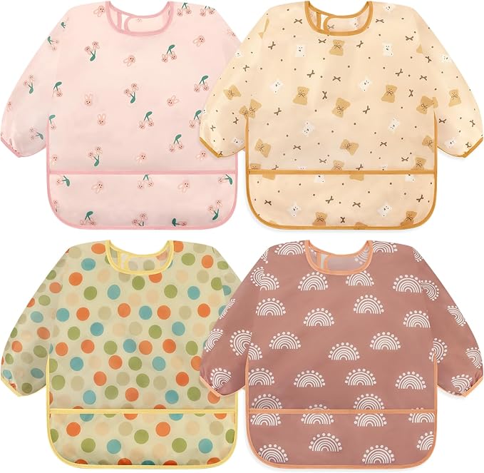 Accmor 4 Pack Long Sleeve Bibs, Baby Smock Waterproof Full Sleeved Bib by Accmor
