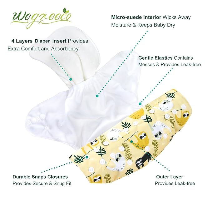 wegreeco Cloth Diapers 6 Pack with 6 Inserts & 1 Wet Bag, Washable Cloth Diapers for Babies, One Size Adjustable Reusable (Animal World)