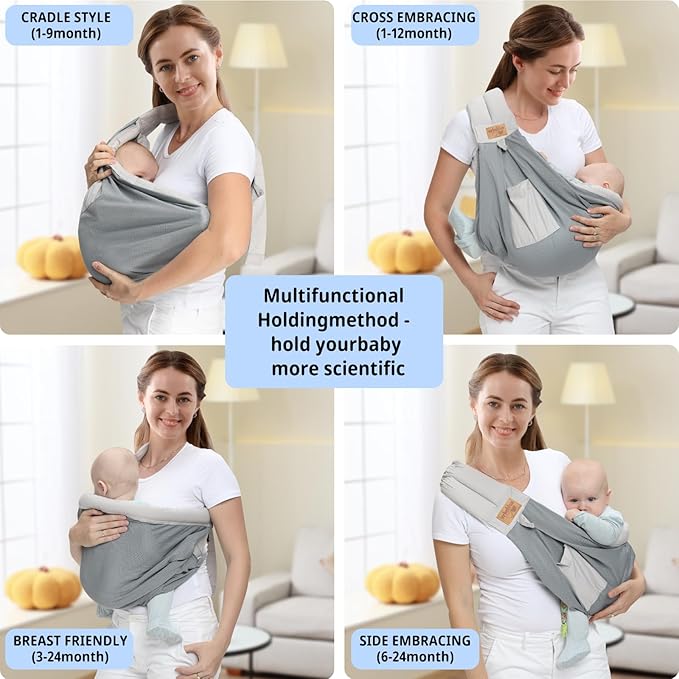 Baby Sling Carrier Newborn, Adjustable Easy Wearing Baby Nursing Warp Sling, New Mom Dad Soft Cotton Baby Front Holder Carrier for Infant Toddler Life Travel Essential Gifts (Mesh Grey)