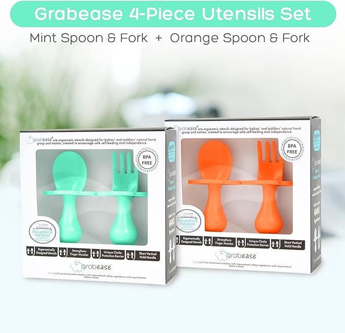 Grabease Baby Feeding Utensils Set - Infant and Baby Fork and Spoon for Ages 1-11 Months, BPAs and Phthalate-Free Cutlery, 2 Sets, Mint and Orange