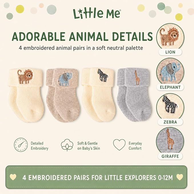 Little Me 8-Pack Baby Socks, Full Cushioned Turncuff Crew Socks, Neutral Safari - Image 5