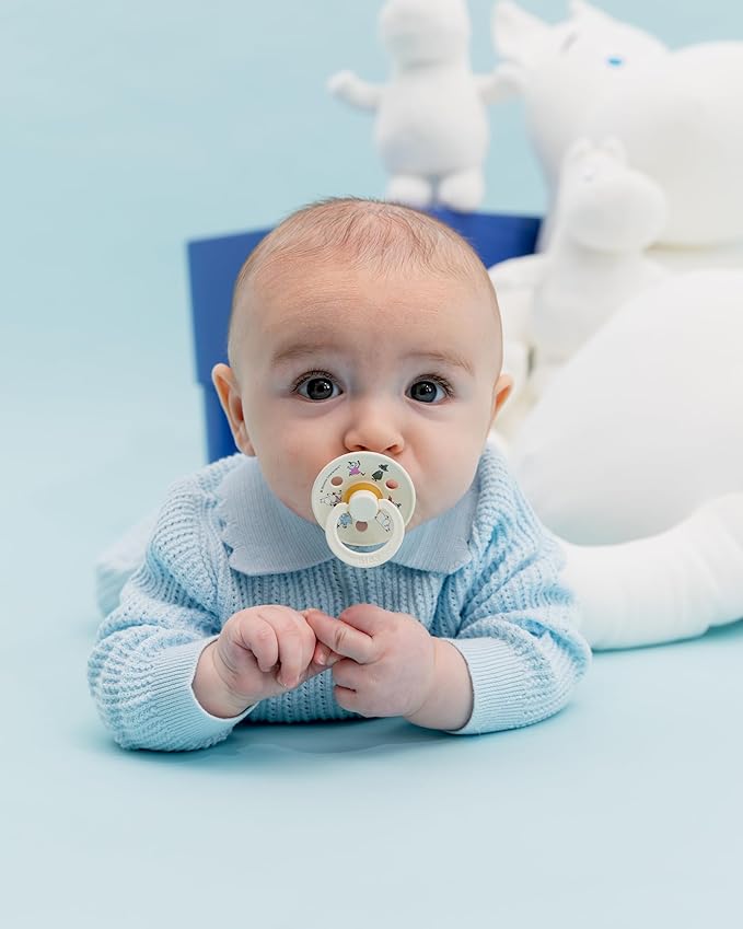 BIBS Colour Moomins Pacifier 2-Pack, BPA Free Pacifier, Round Nipple. Natural Rubber Latex, Made in Denmark, Size 2 (6-18 Months), Nordic Mint/Pale Butter