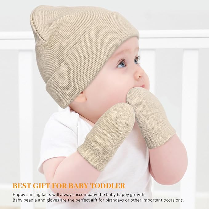 Baby Beanie Hat Gloves Set, Kids Winter Warm Knit Hat - Image 3