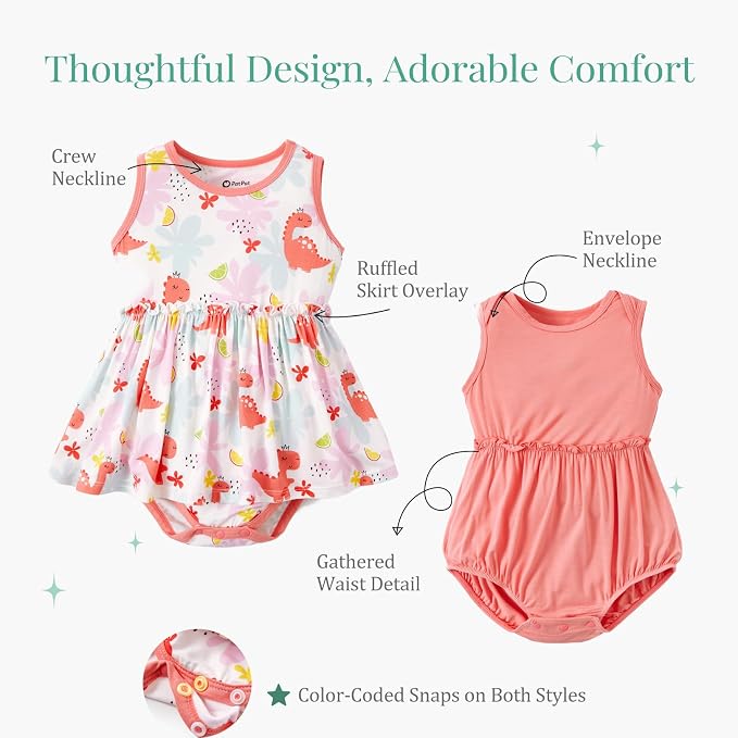 PATPAT Baby Girl Bamboo Viscose 2-Pack Romper & Dress | Color-Coded Snaps - Image 5