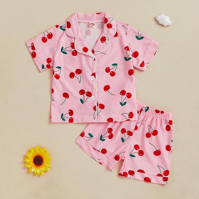 Kuriozud Toddler Baby Girl Pajamas Set Summer Floral Short Sleeve Button Down - Image 2