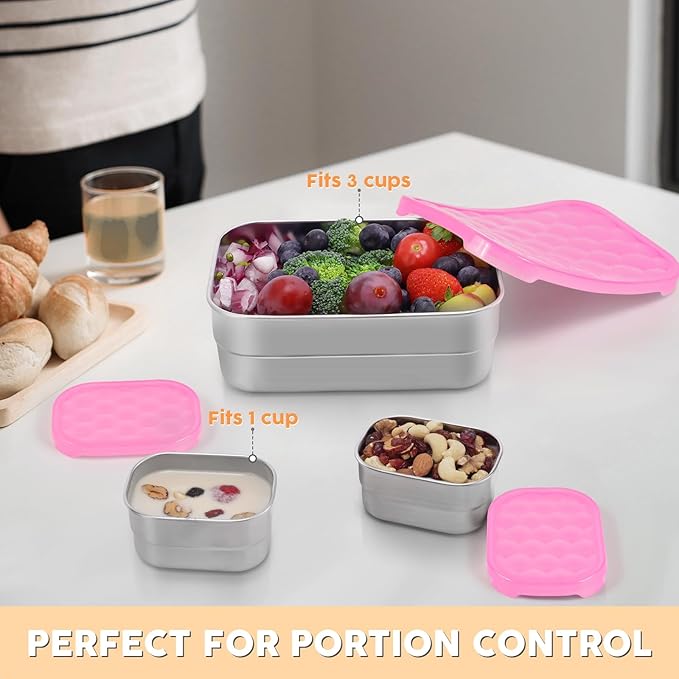 Small Stainless Steel Lunch Containers for Kids | Leak Proof BPA Free Snack Containers with Silicone Lids - Perfect Metal Snack Containers with Lids for School and Daycare (25oz+8oz*2)