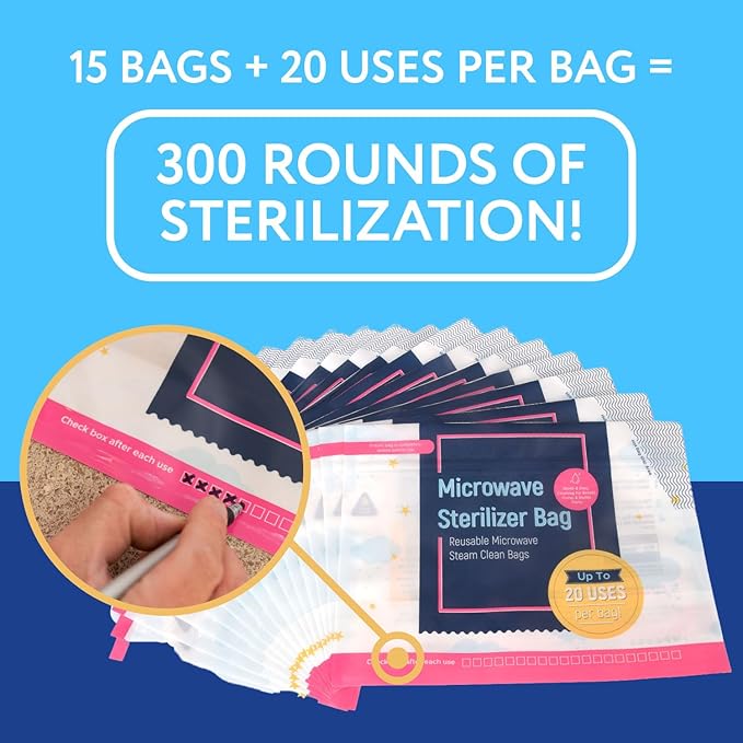 Impresa Microwave Baby Bottle Steam Bags - Reusable Up to 20 Uses & Baby Travel Essential - Multipurpose Steam Bag for Breast Pump Parts & Bottle Cleaning in Microwave - Pack of 1, 15 Count