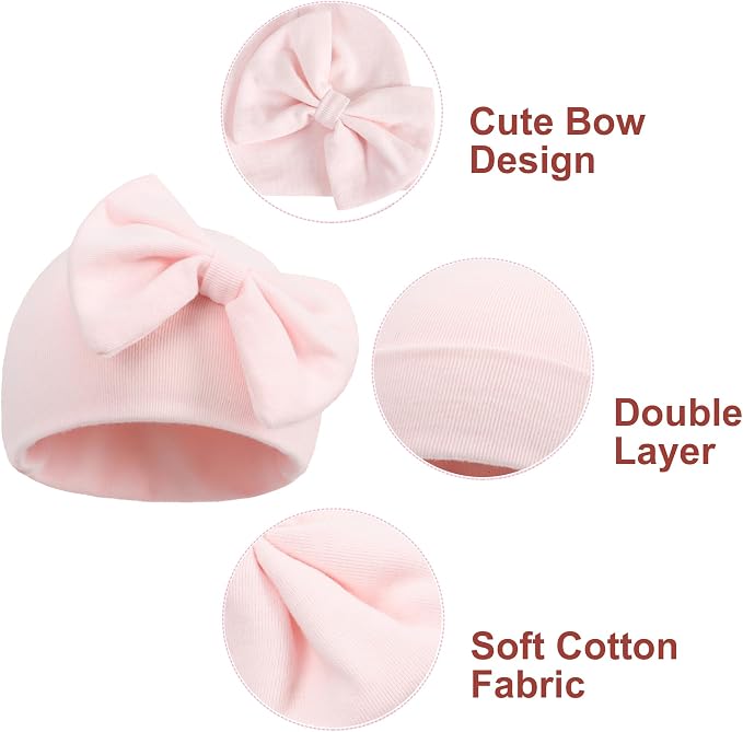 UTTPLL Newborn Beanies Cap No Scratch Mittens Set 0-6 Months Infant Bow Caps - Image 4