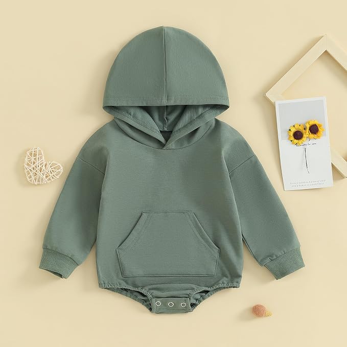 Baby Boy Girl Hooded Romper Cute Solid Color Long Sleeve Sweatshirt Romper - Image 2