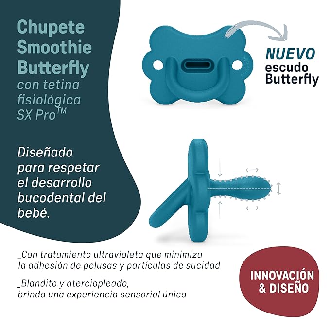 Color Essence SX PRO Silicone Butterfly Baby Pacifier 1Pk, Made with 100% Soft Silicone, Baby Essentials Perfect for Breastfeeding Babies, Designed in Spain, 6-18 Mths, Pink