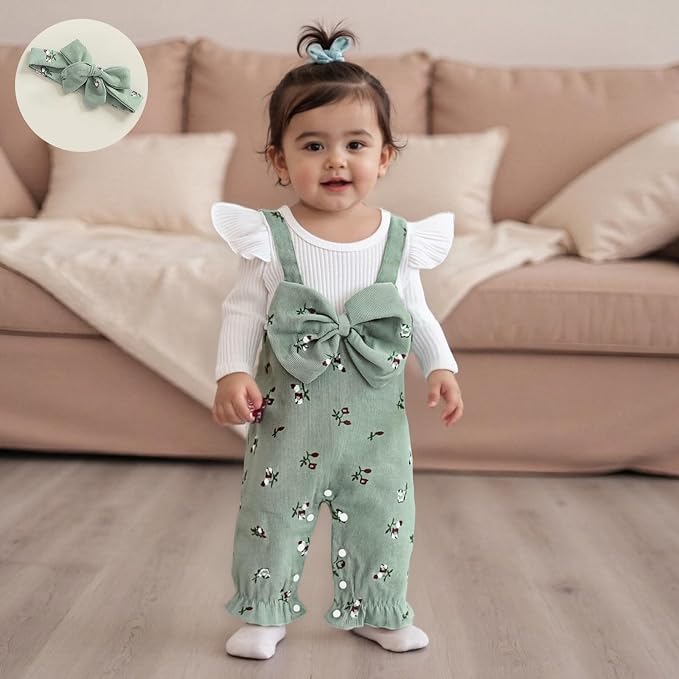 Newborn Baby Girl Clothes Ruffle Sleeve Jumpsuit Corduroy Floral - Image 2