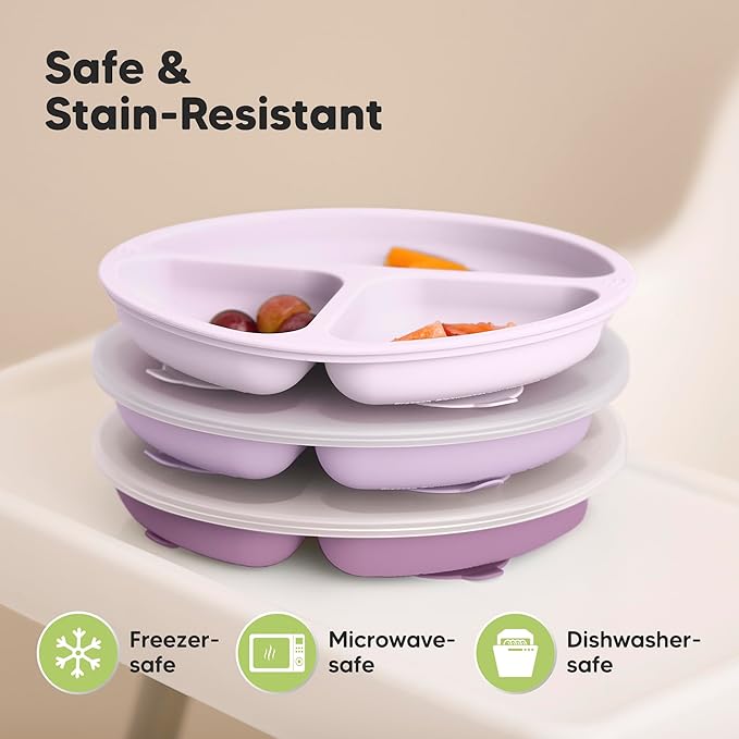 KeaBabies Suction Plates with Lids for Baby - 3-Pack 100% Silicone Toddler Plates with Suction, Divided, BPA-Free Baby Led Weaning Essentials for Kids, Dishwasher, Microwave Safe, Durable (Amethyst)