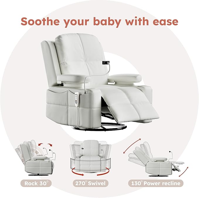 MAMAZING Oversized Rocking Chair Nursery with Adjustable Armrests, Electric Glider Recliner Nursing Chair for Breastfeeding, Power Swivel Recliner Chairs, Oeko-TEX & FSC Certified (Off White)