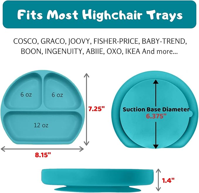 Silikong Suction Plate for Toddlers | BPA Free, 100% Food-Grade Silicone | Microwave, Dishwasher and Oven Safe | Stay Put Divided Baby Feeding Plates (1, Turquoise)