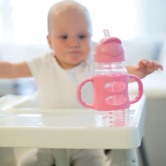 Dr. Brown's Milestones Wide-Neck Sippy Straw Bottle with 100% Silicone Handles and Weighted Straw, 9 oz/270 mL, Gray & Pink, 6m+, 2 Count (Pack of 1)