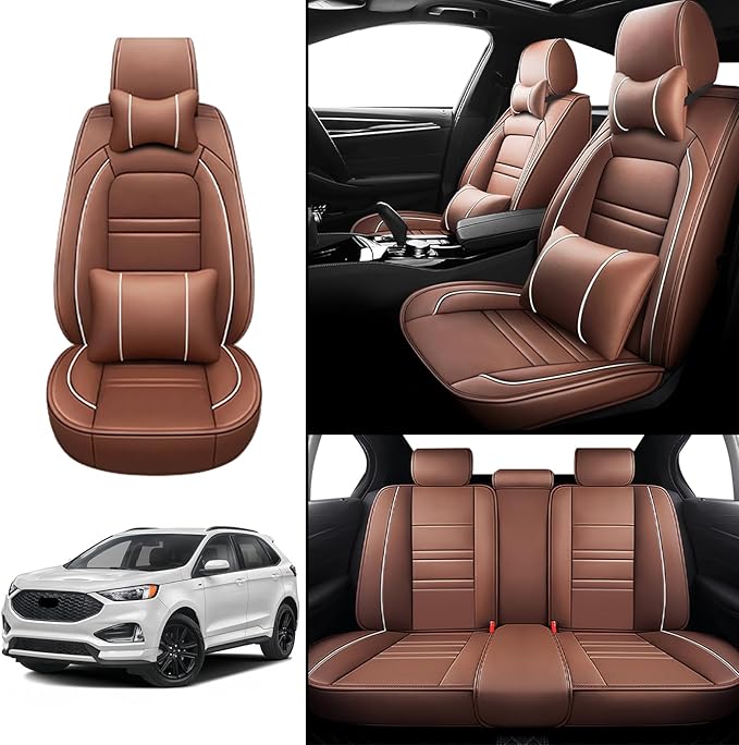 Car Seat Covers for Ford Edge 2007-2024 | 5-Seats Seat Covers, Waterproof Seat Protectors, Automotive Seat Covers (Full Set with Pillow,Coffee)