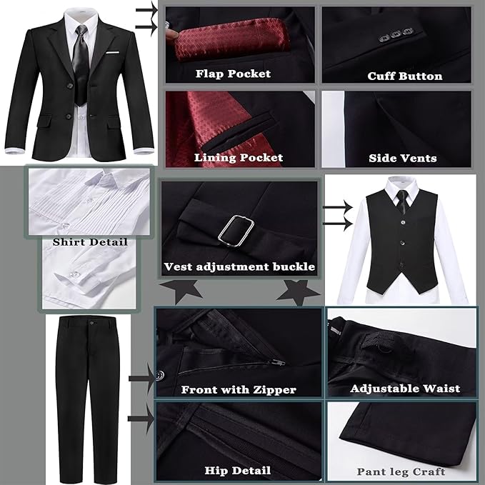 Boys Suit Set Slim Fit Kids Formal Suits Toddler Tuxedo Wedding Prom Classic Suits for Boy Teen Black Blue Dress Outfit