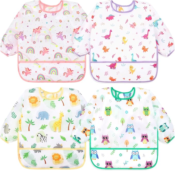 Accmor 4 Pack Long Sleeve Bibs, Baby Smock Waterproof Full Sleeved Bib by Accmor