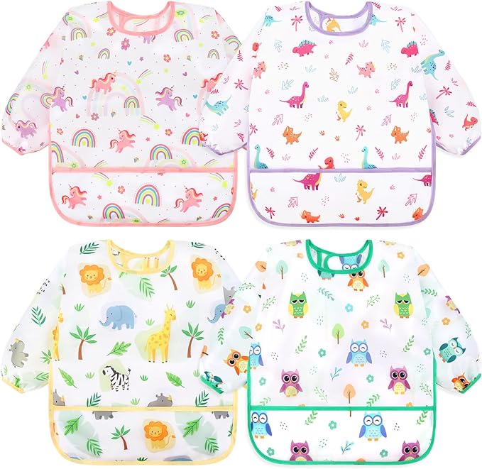 Accmor 4 Pack Long Sleeve Bibs, Baby Smock Waterproof Full Sleeved Bib by Accmor